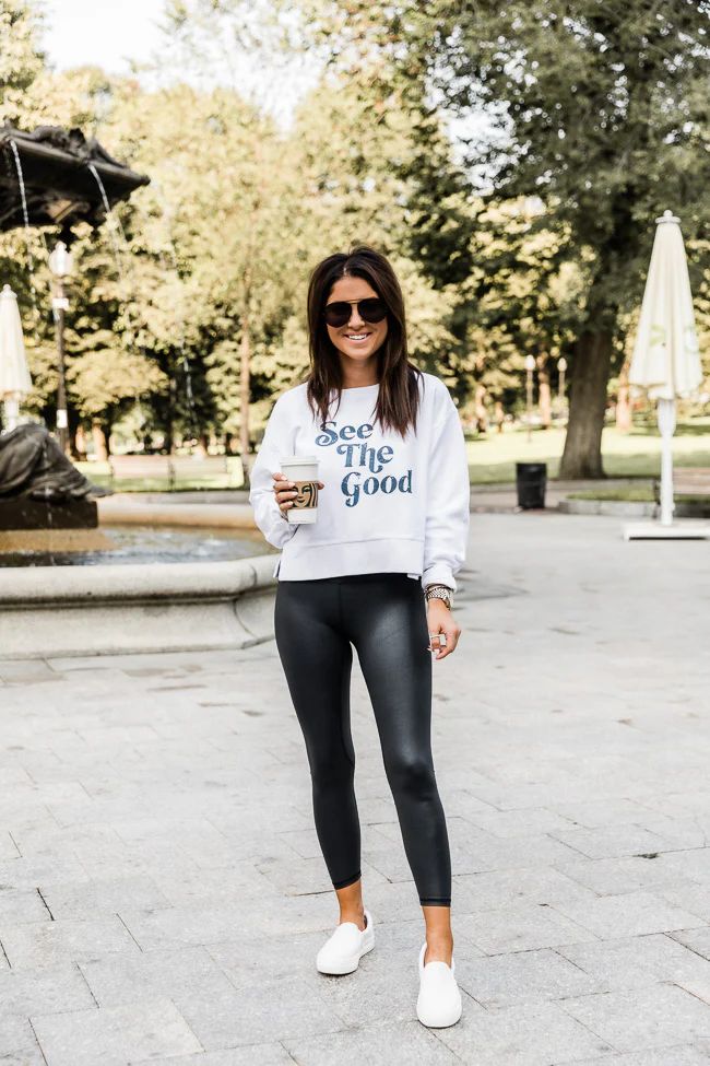 LIVING MY BEST STYLE X PINK LILY See The Good White Cropped Corded Graphic Sweatshirt | The Pink Lily Boutique