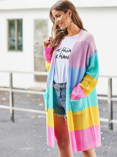 SHEIN Patch Pocket Front Wide Rainbow Stripe Cardigan | SHEIN