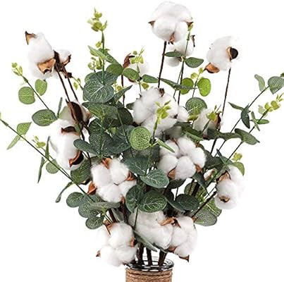 CEWOR 6pcs 23.5" Cotton Stems 4 Cotton Heads with Eucalyptus Leaves for Home Farmhouse Style Flor... | Amazon (US)