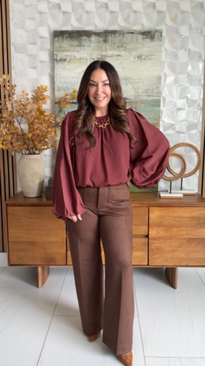A pretty burgundy blouse + chocolate brown pants is such a good fall color combination. Easy to dress up for work or dinner.  Wearing faux Suede Pants, tts, 31 | Blouse, L

#LTKmomlife #LTKOver40 #LTKMidsize