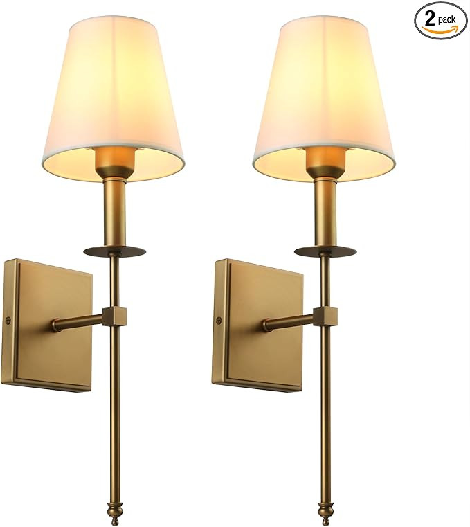 PERMO Set of 2 Classic Rustic Industrial Wall Sconce Lighting Fixture with Flared White Textile L... | Amazon (US)