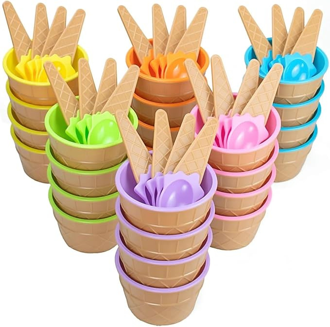 Lawei 24 Pack Plastic Ice Cream Bowls with Spoons, Reusable Fun Ice Cream Cups Bulks, 6 Cartoon C... | Amazon (US)