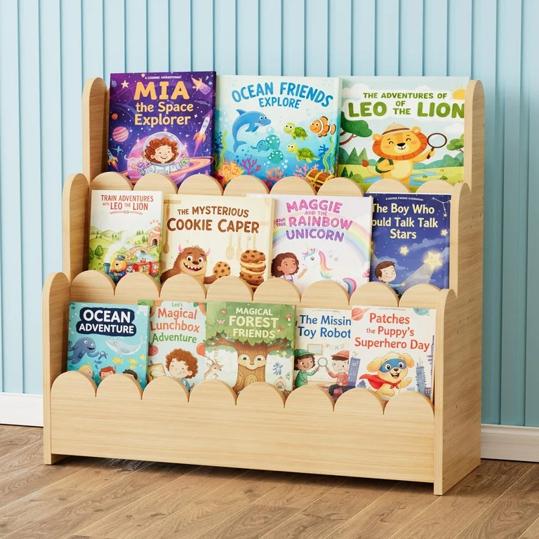 SpaceAid 3 Tier Wood Scalloped Bookshelf, Montessori Bookcase for Toddlers, Natural - Walmart.com | Walmart (US)