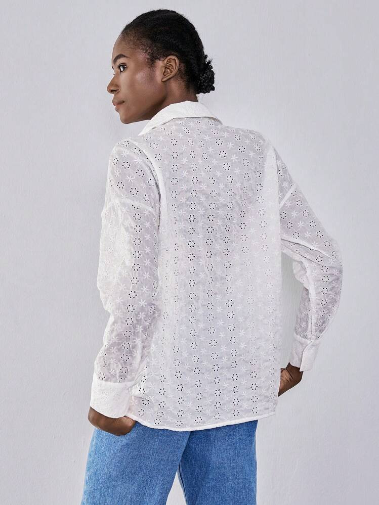 Chiquease Loose Fit White Lace Embroidery Blouse, Oversized Casual & Fashionable Women Shirt Fall Cloth For Women | SHEIN