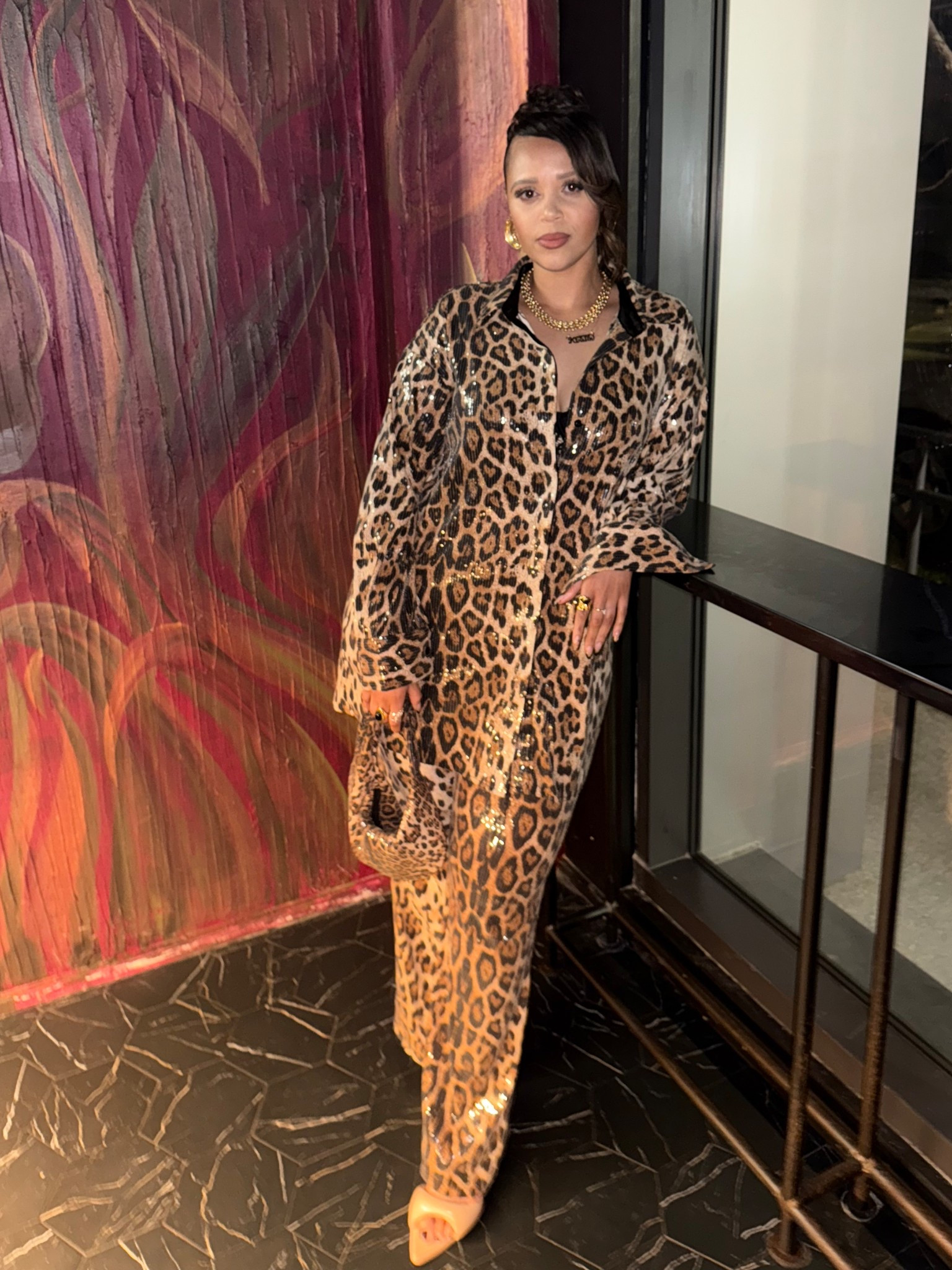 Boohoo Leopard Cheetah Sequin Pant Set. Wearing a 12 on the top & 14 in the pants. I could have sized down on both  