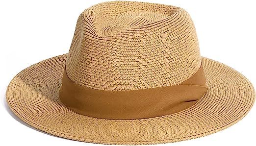 Womens Mens Wide Brim Straw Panama Hat Fedora Summer Beach Sun Hat UPF Straw Hat for Women | Amazon (US)