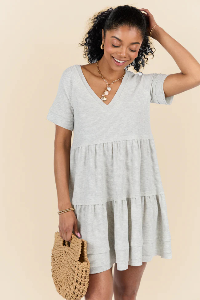 Planning Ahead Heather Grey Short Sleeve Waffle V-neck Dress FINAL SAL | Pink Lily