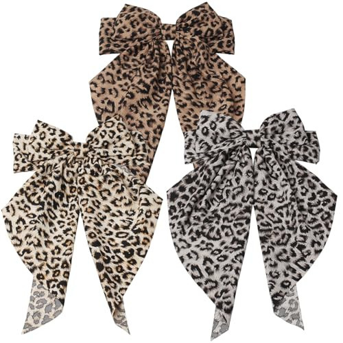 Leopard Print Hair Bow Large Bow Hair Clips French Style Big Bow Barrettes Bowknot Spring Snap Hair Clips Bow with Long Tail for Women Scarf Bow Clip Pack of 3 | Amazon (US)