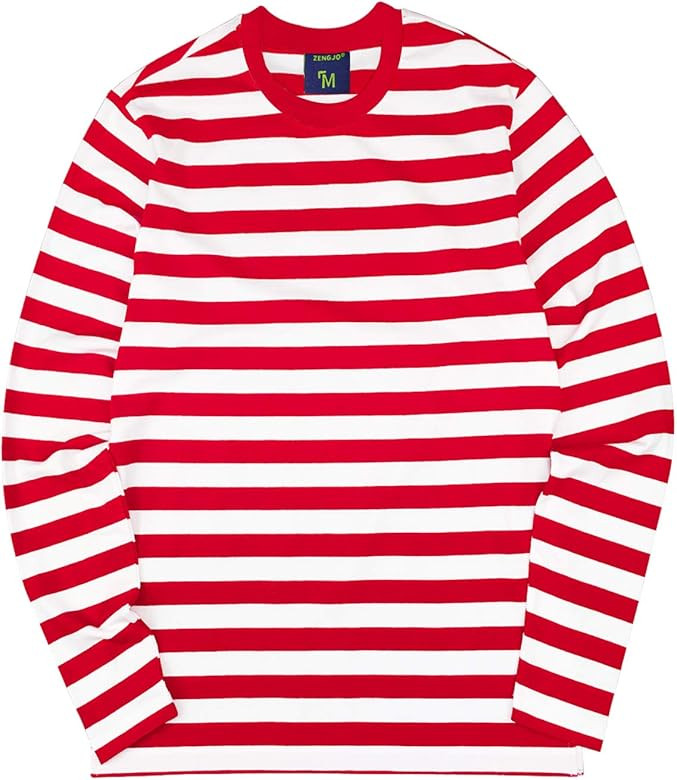 Zengjo Men's Casual Cotton Spandex Striped Crewneck Long-Sleeve T-Shirt Basic Pullover Stripe tee... | Amazon (US)