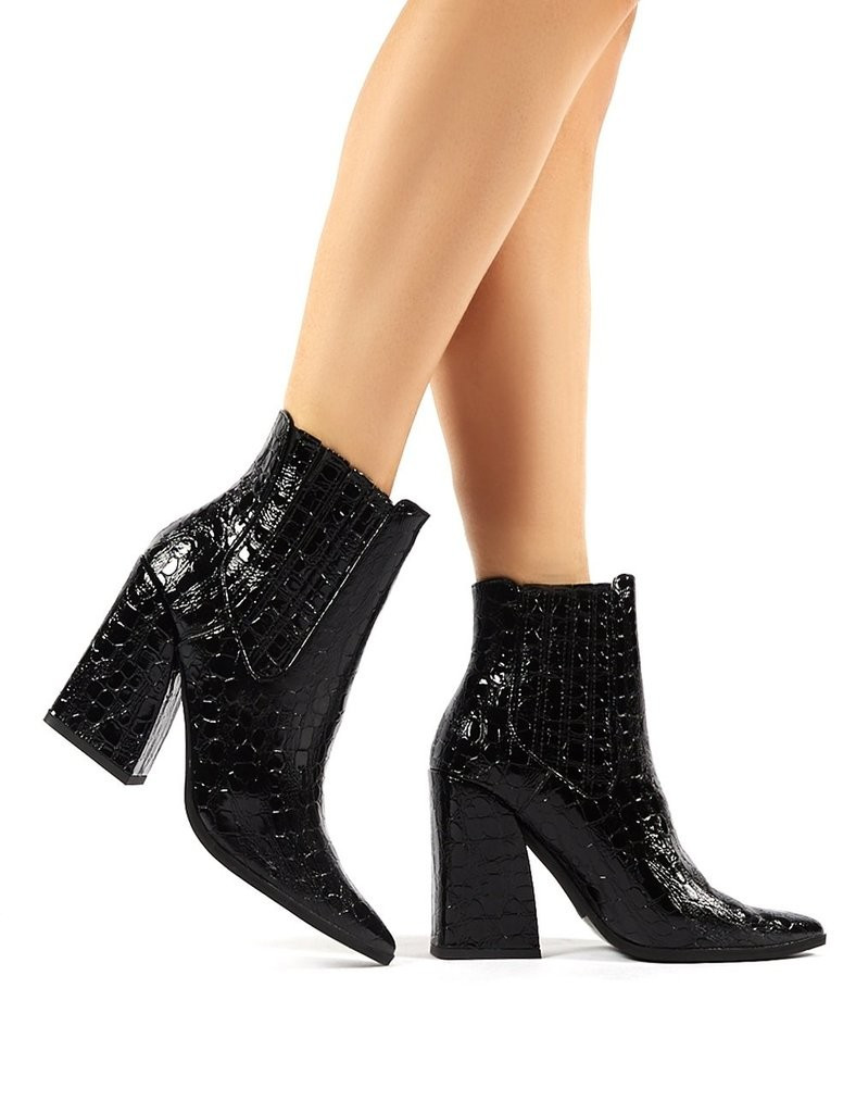 Brianna Black Patent Croc Block Heeled Pointed Ankle Boots | Public Desire (US & CA)