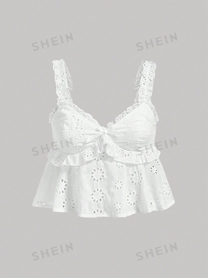 SHEIN MOD White Pleated Eyelet Embroidery Hollow Out Summer Holiday A-Line Sleeveless With Bowkno... | SHEIN