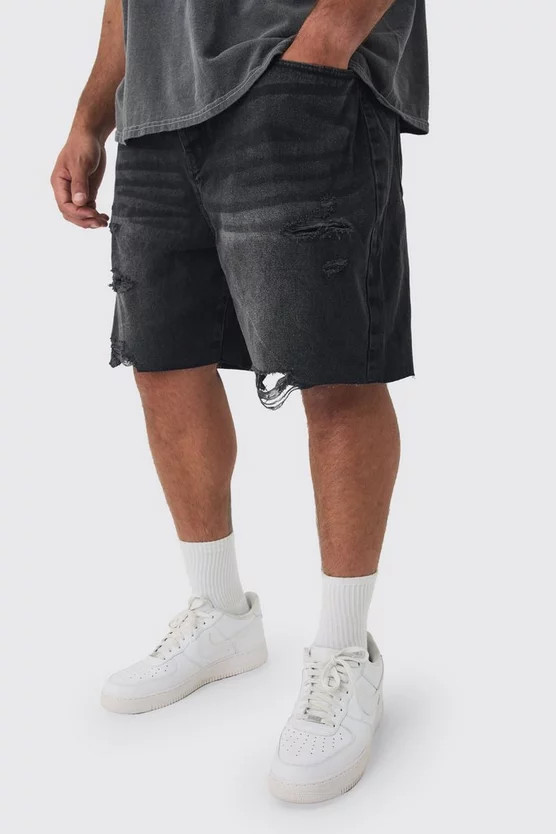 Plus Multi Rip Relaxed Fit Denim Shorts In Washed Black | boohooMAN (US & Canada)