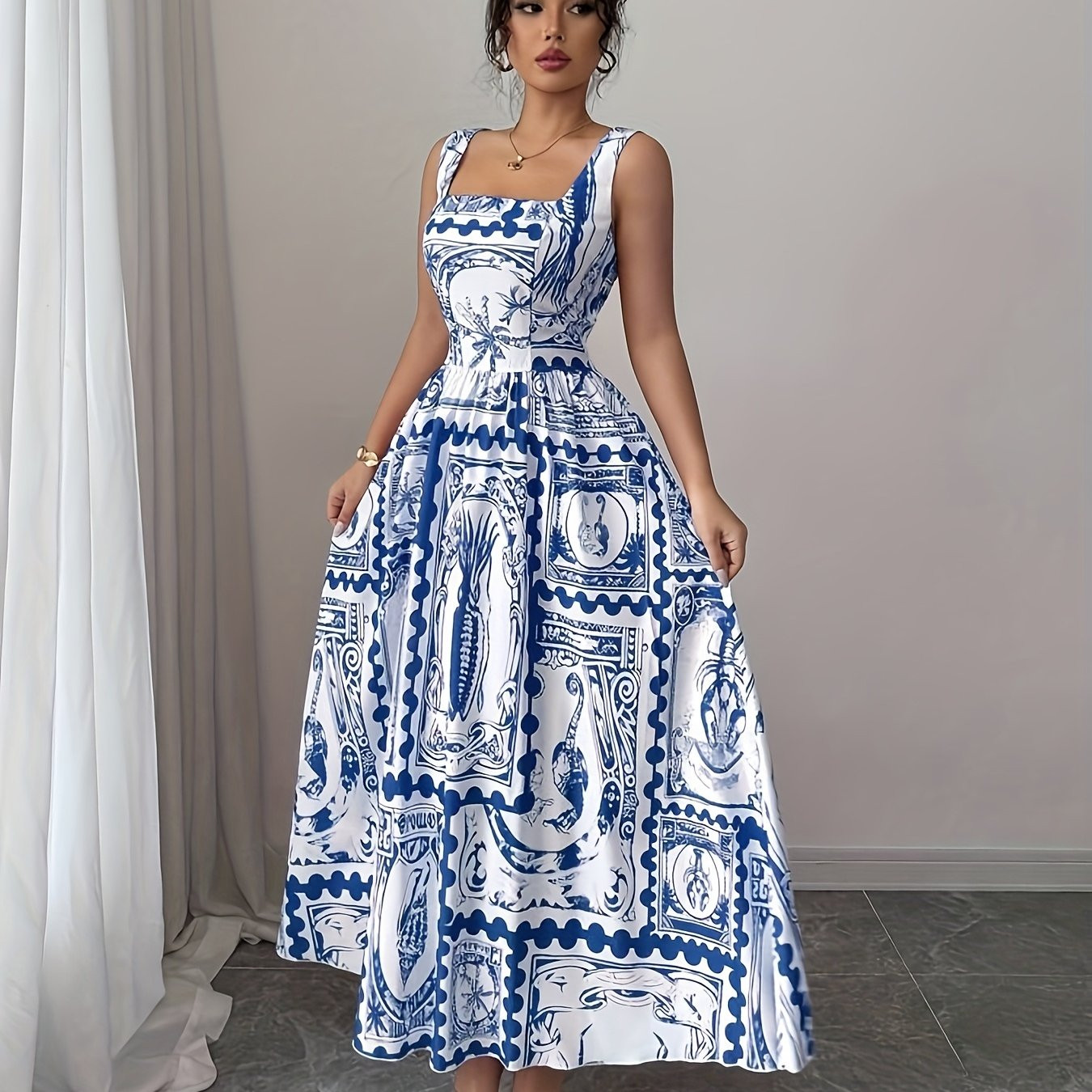 women's floral   neck a line dress blue white - Temu Canada | Temu Affiliate Program