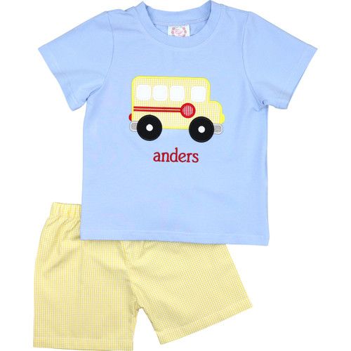 Blue and Yellow Gingham Applique School Bus Short Set | Cecil and Lou