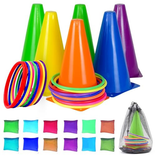 CircleCraft 31 Pcs. Plastic Cones and Rings Games Ring Toss Games for Adults, Carnival Games for Kids, Bean Bag for Kids Games Birthday Party, Yard Game, Sports & Outdoor Game for Family Party | Amazon (US)