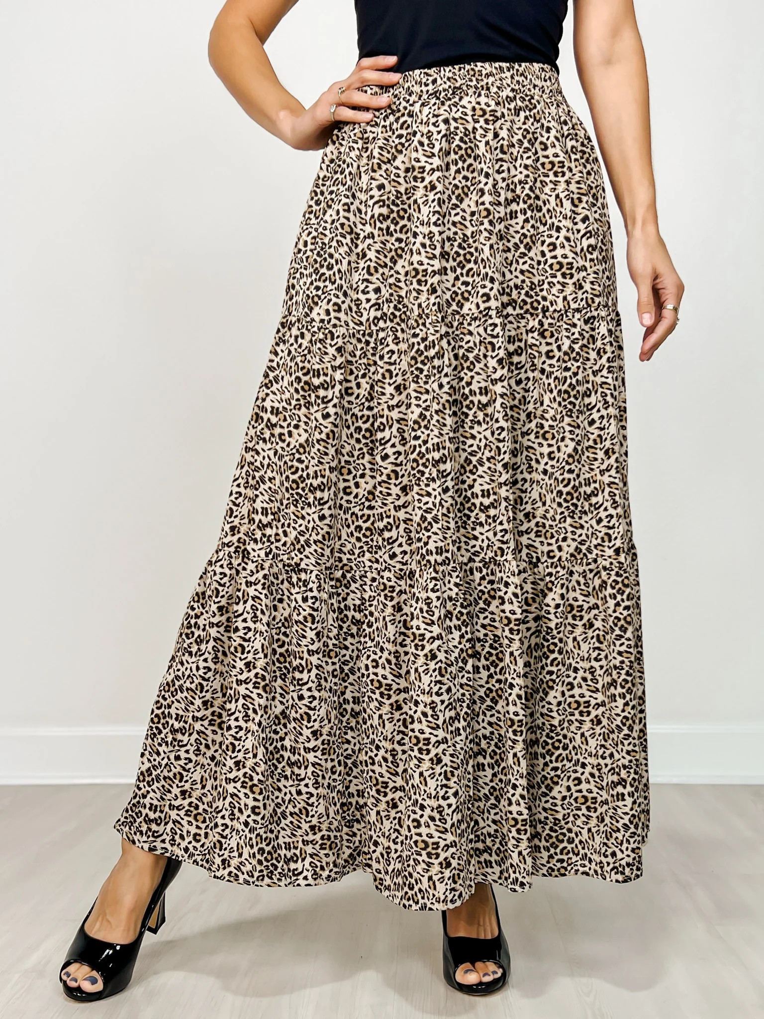 Leopard Print Lined Tiered Maxi Skirt | Emma Lou's Boutique