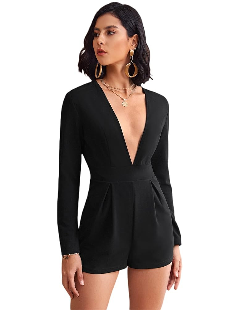 WDIRARA Women's Deep V Neck Long Sleeve High Waist Pleated Romper Jumpsuit | Amazon (US)