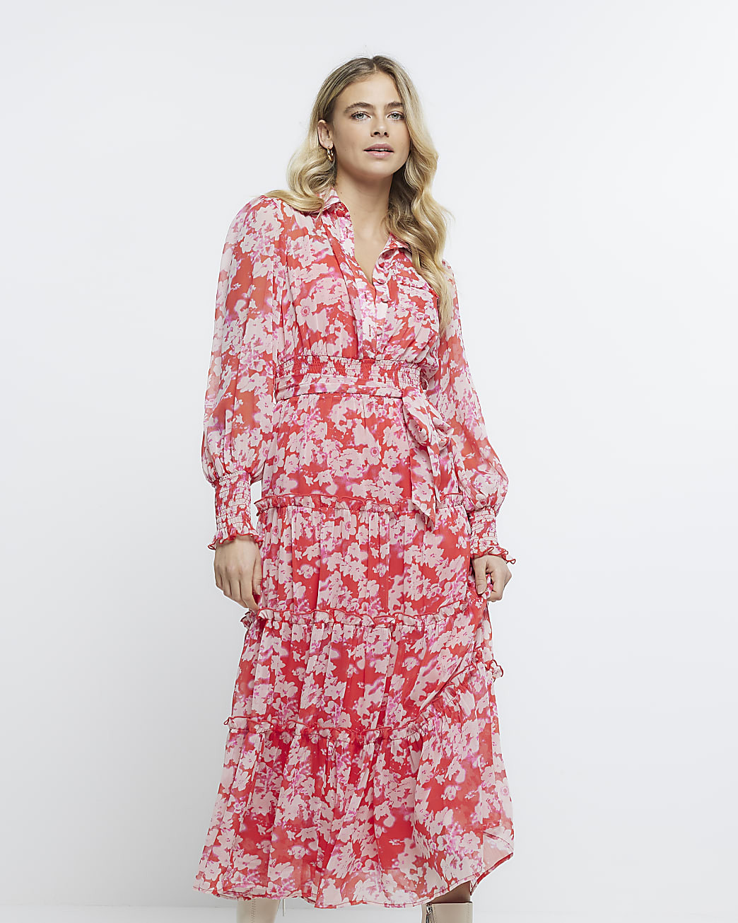 Red print long sleeve midi shirt dress | River Island (US)
