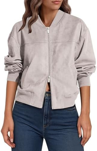 Lazysmile Women's Faux Suede Bomber Jackets Fall Fashion Outfits Winter Clothes Stand Collar Zip ... | Amazon (US)