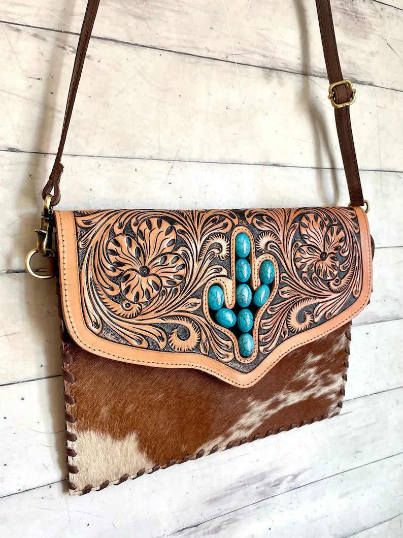 Tooled Whipstitch Envelope Bag with Turquoise Cactus | Etsy (US)
