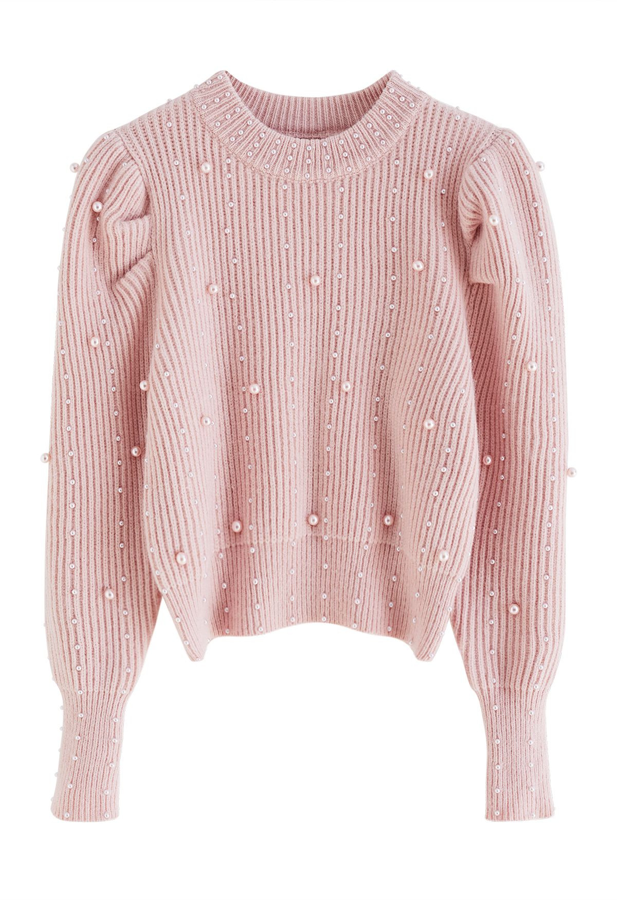 Pearl Embellished Puff Sleeve Knit Sweater in Pink | Chicwish