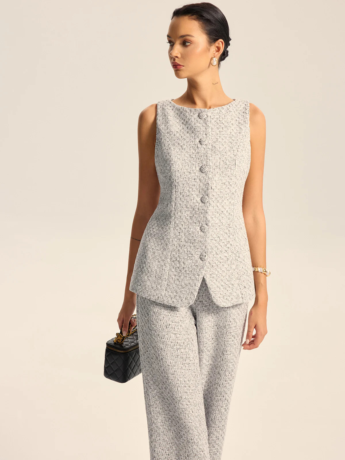 Textured Tweed Button Vest | Commense