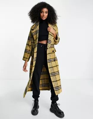 Topshop oversized check long coat in yellow | ASOS (Global)