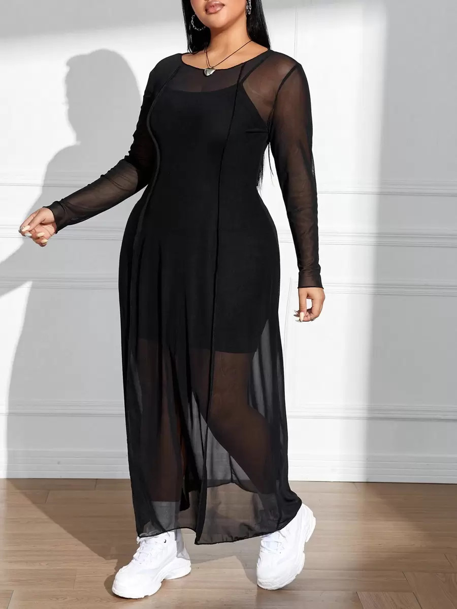 SHEIN EZwear Plus Size Women Mesh Long Sleeve Dress, Summer | SHEIN