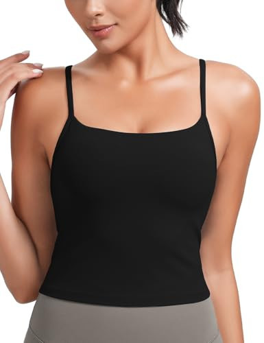HeyNuts Cropped Cami Tank Top for Womens, Square Neck Spaghetti Thin Strap Low Impact Wirefree Workout Athletic Basic Gym Yoga Longline Sports Bras Padded Camisole with Built in Bras Black XL | Amazon (US)