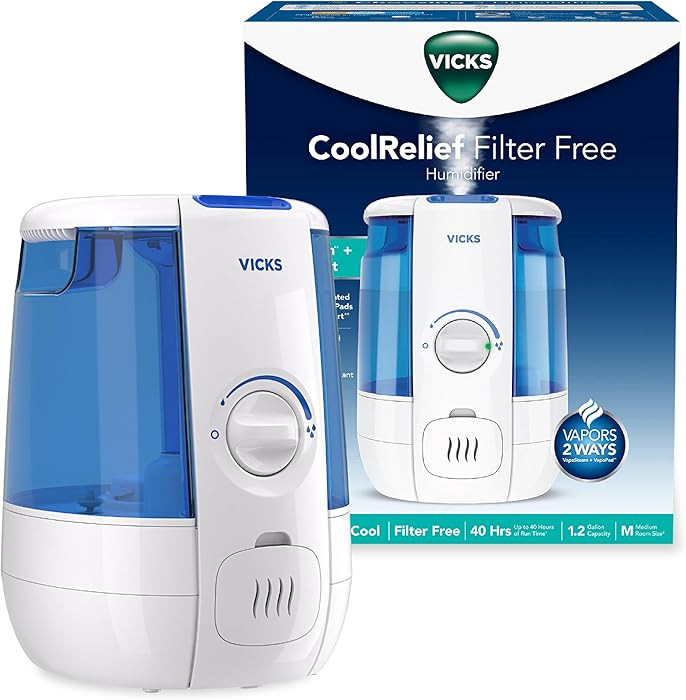 Vicks CoolRelief Cool Mist Humidifier Small to Medium Room Vaporizer for Baby, Kids, Adults, 1.2 ... | Amazon (US)