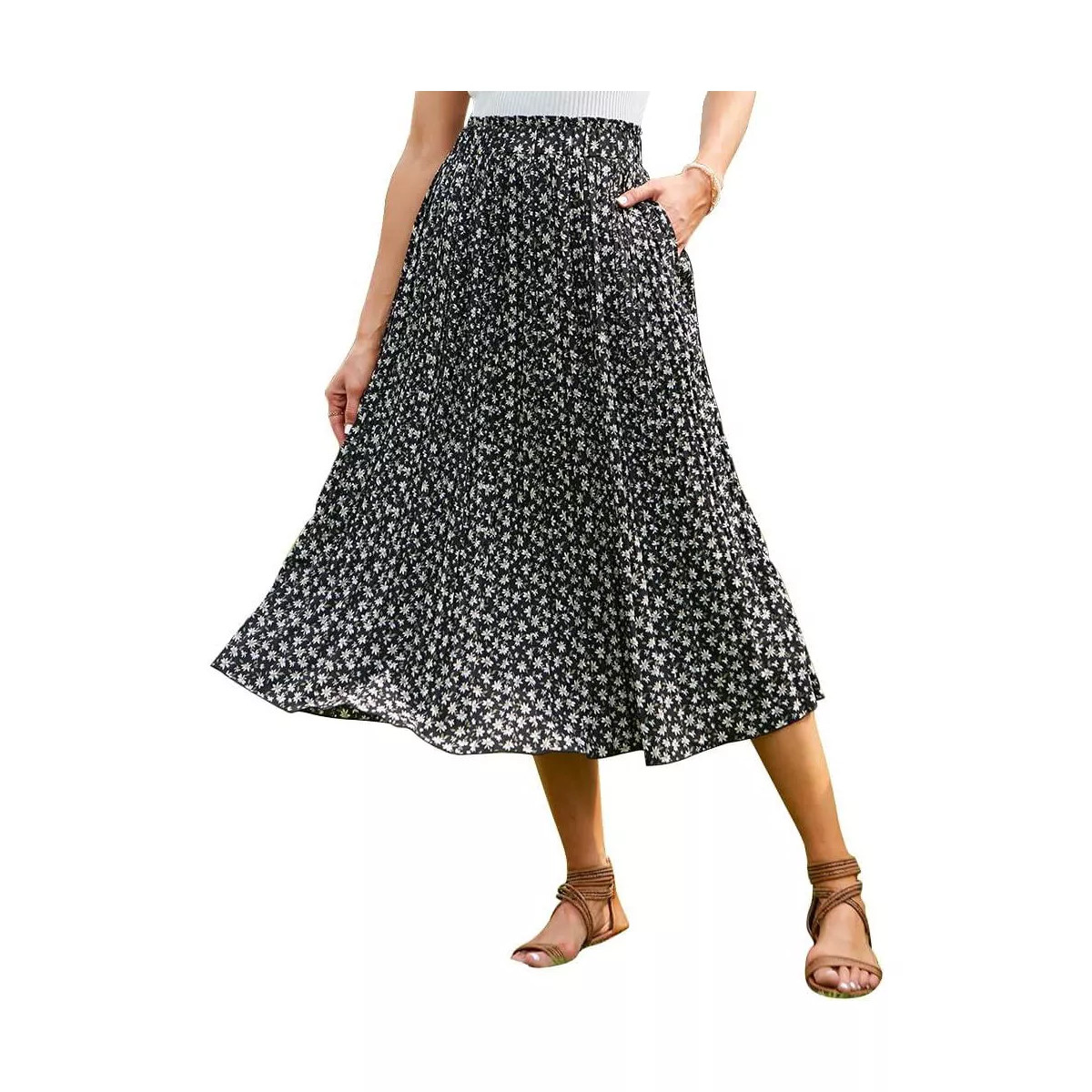 EXLURA Womens High Waist Polka Dot Pleated Skirt Midi Swing Skirt with Pockets, Black Floral- Dai... | Target