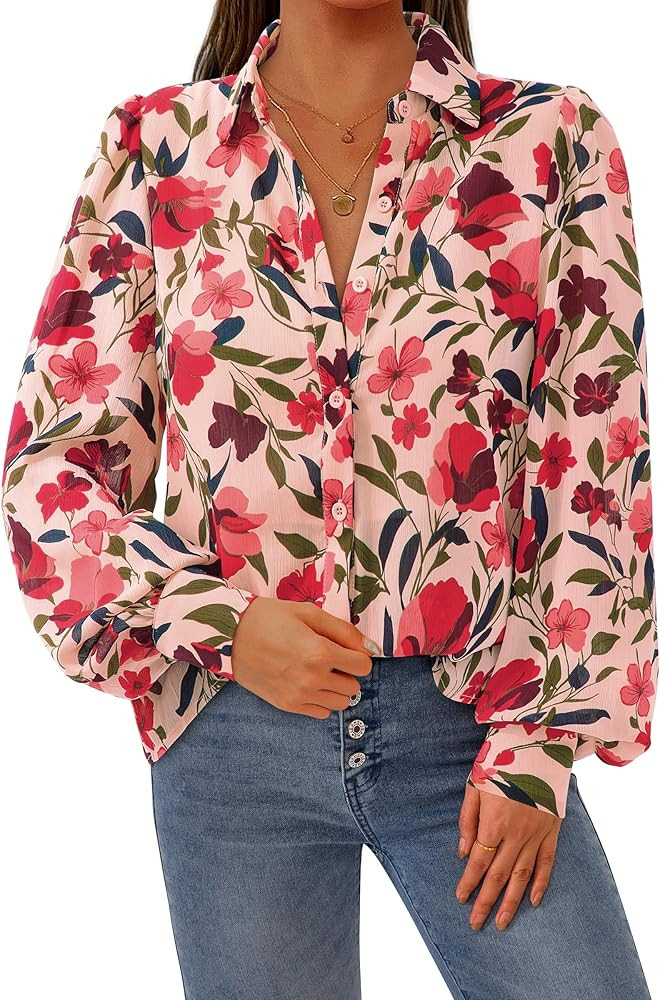 PRETTYGARDEN Women's Floral Blouses Dressy Casual V Neck Button Down Shirts Lantern Long Sleeve B... | Amazon (US)