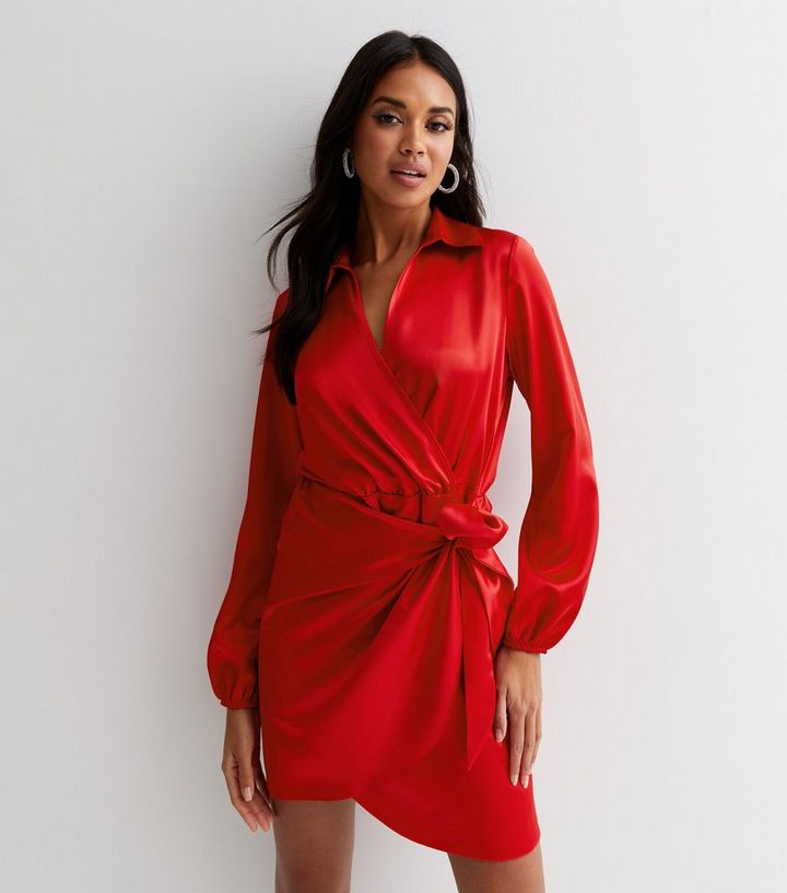 Red Satin Tie Side Mini Wrap Shirt Dress | New Look | New Look (UK)