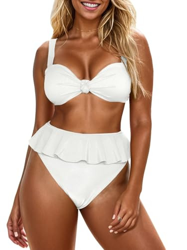 Saodimallsu Womens 2 Piece High Waisted Swimsuit Ruffle Bikini Sets Twist Knot Ribbed Bathing Sui... | Amazon (US)