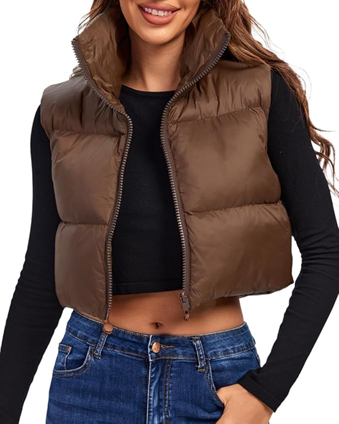 Fuinloth Women's Padded Vest, High Stand Collar Lightweight Zip Crop Puffer Gilet | Amazon (US)