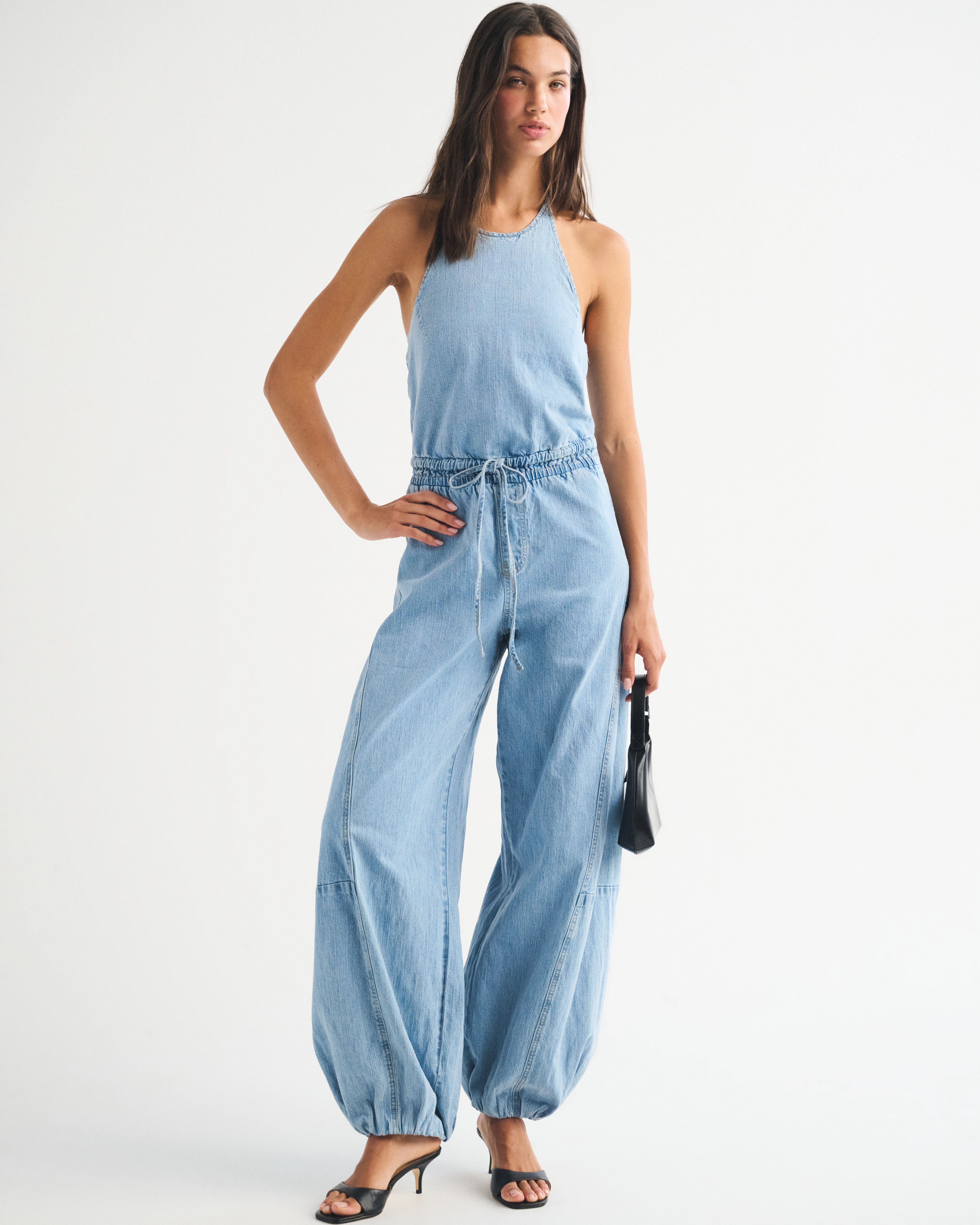 High-Neck Linen-Blend Denim Balloon Leg Jumpsuit | Abercrombie & Fitch (US)