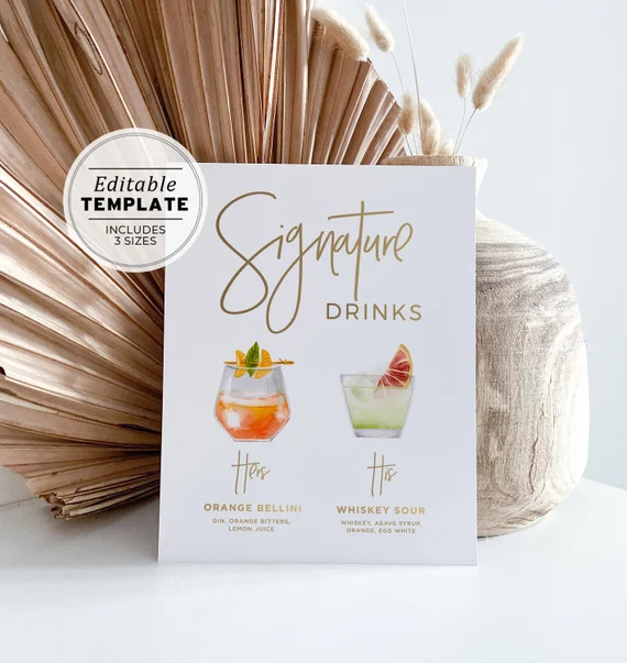 Juliette Gold Watercolor Signature Cocktails Menu Sign - 120+ Cocktails, His and Hers Drinks Sign... | Etsy (US)