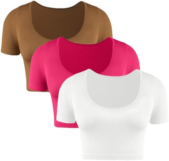 Aranmei 3 Pack Women's Crop Tops Short Sleeve,Scoop Neck Basic Tees,Solid Slim Ribbed Seamless Cu... | Amazon (US)