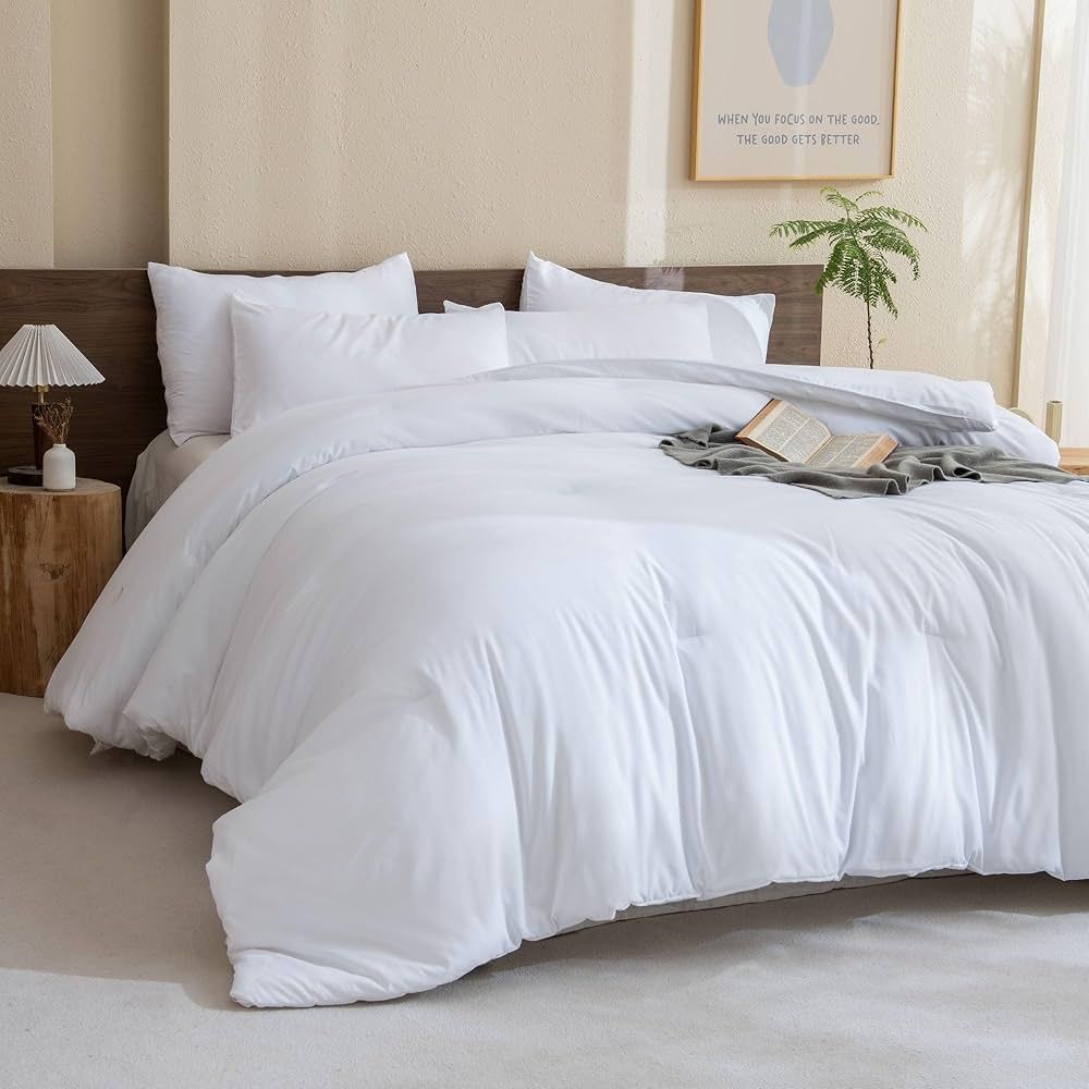 Classic Pure White Comforter King Size, 3 Pieces Boho Comforter Set, Lightweight Solid Bedding Se... | Amazon (US)