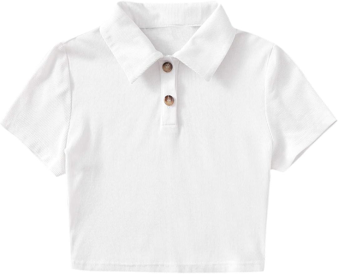MakeMeChic Women's Button Front Short Sleeve Ribbed Knit Collar Crop Top Shirt | Amazon (US)