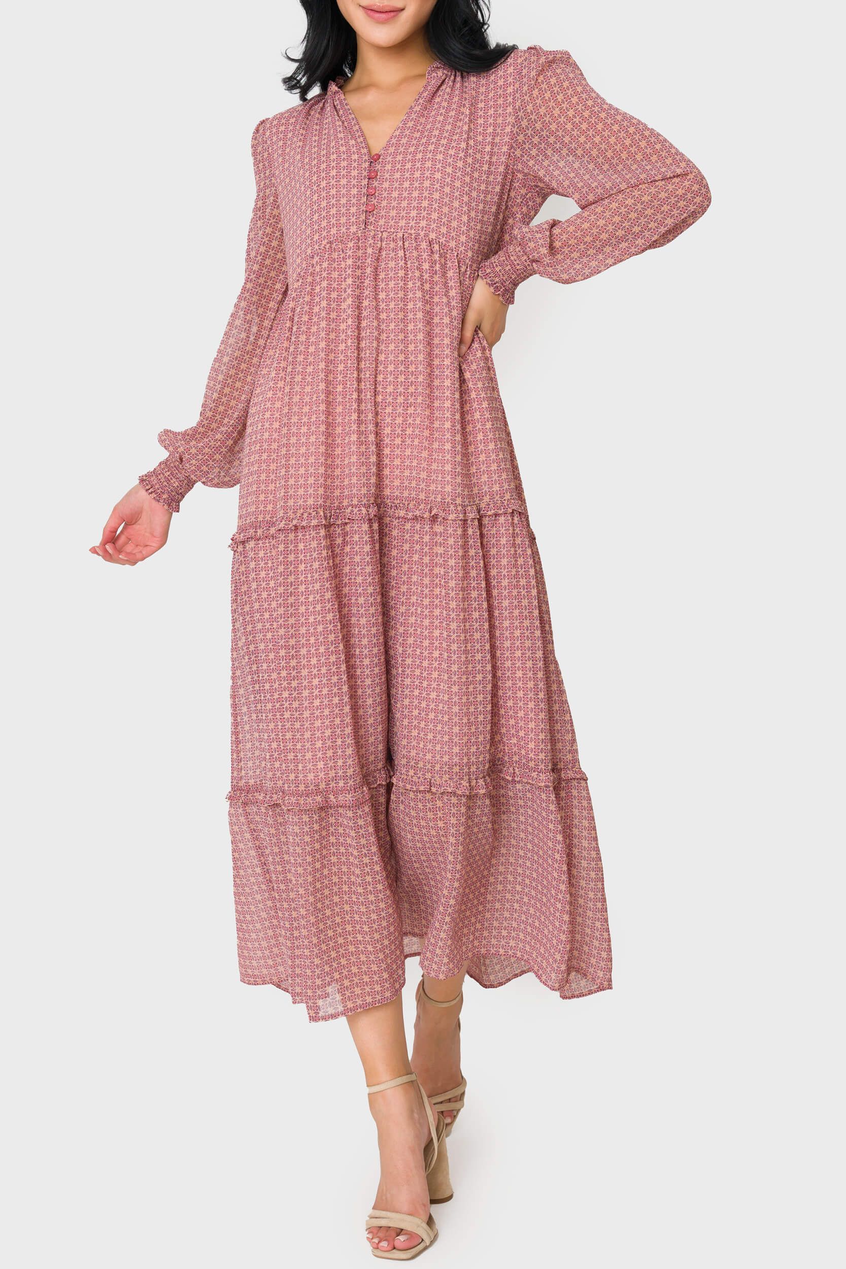 Long Sleeve Printed Chiffon Tiered Maxi Dress | Gibson