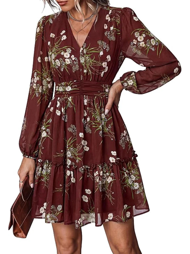 PRETTYGARDEN Women Floral Long Sleeve Mini Dress | Fall Wedding Guest Dresses, V Neck, Fit & Flar... | Walmart (US)