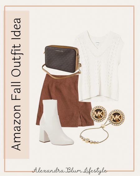 Amazon fall outfit idea!! Brown mini skirt, white sweater vest top, white booties, Michael Kors crossbody bag, bracelet, and earrings! Amazon fashion finds! Fall fashion! 

#LTKstyletip #LTKshoecrush #LTKitbag