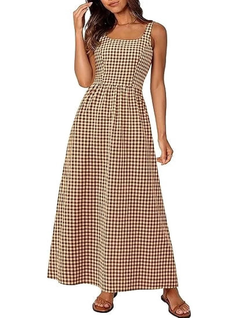 PRETTYGARDEN Women's Summer Spaghetti Strap Maxi Dresses Plaid Square Neck A Line Casual Beach Va... | Walmart (US)