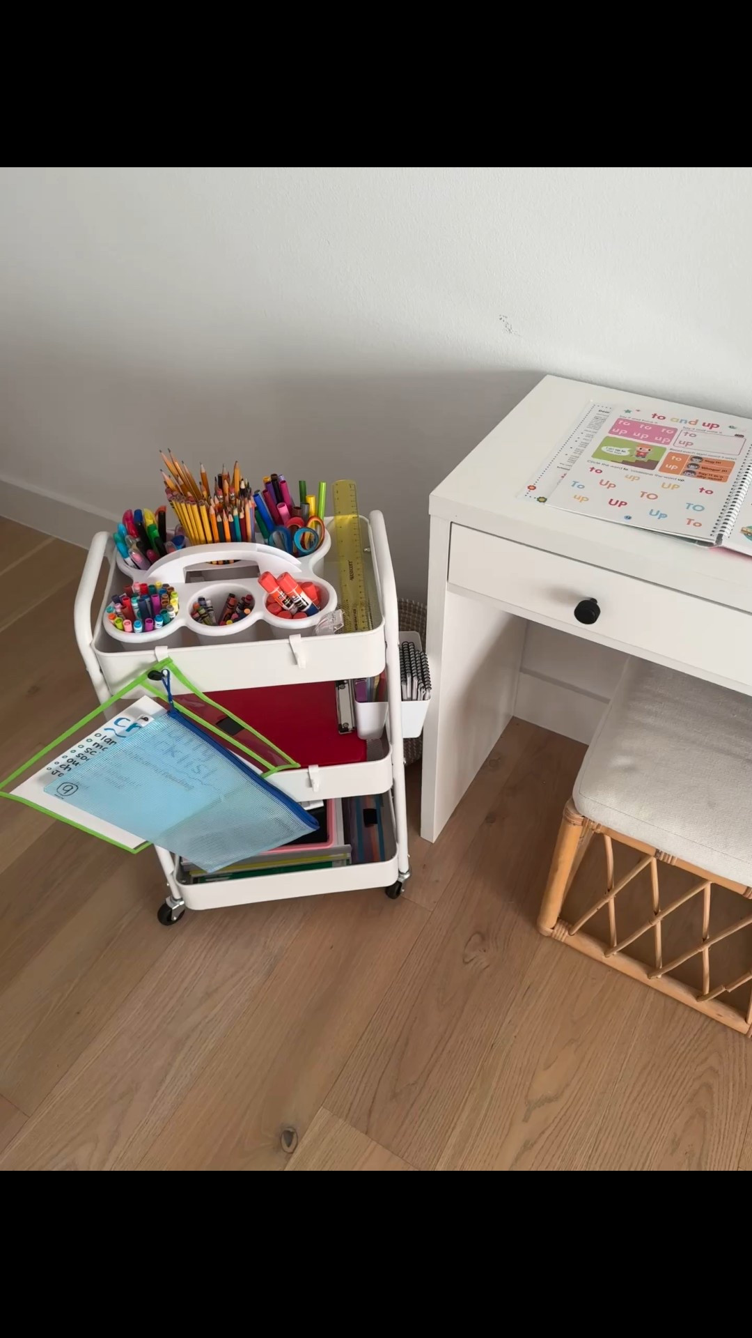 Home schooling set up to make everything easy to access! I love these affordable desks and the rolling cart is the ultimate homeschooling hack for being able to work in different environments around the house ❤️
#homeschool #homeschooling #homeschoolhacks 

#LTKFamily #LTKHome #LTKKids
