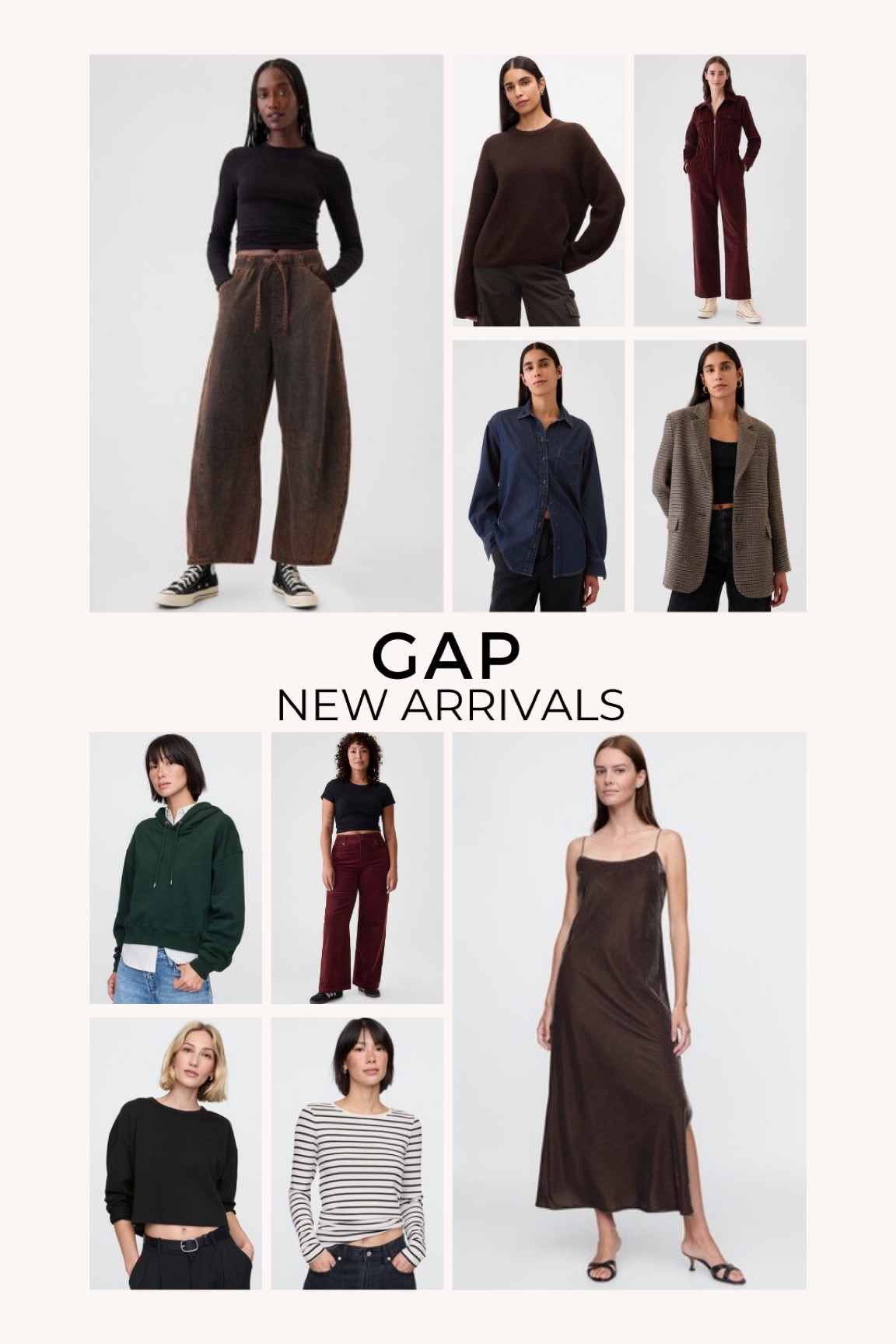 Gap new arrivals , fall favorites , autumn outfit , brown sweater , brown denim , cami dress , slip dress , barrel jeans , velvet dress , green cropped hoodie , cord pants , burgundy , bordeaux , striped shirt , black cropped tee , wine pants , cord , drawstring , denim shirt , button down , button up , plaid jacket , plaid blazer , wool , jumpsuit , utility overallss

#LTKSeasonal #LTKSaleAlert #LTKFindsUnder100