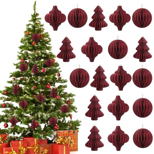 15 Pcs Burgundy Christmas Tree Decorations 3D Mini Paper Honeycomb Lantern Hanging Ornaments for Christmas Tree Xmas Party New Years Home Decor | Amazon (US)