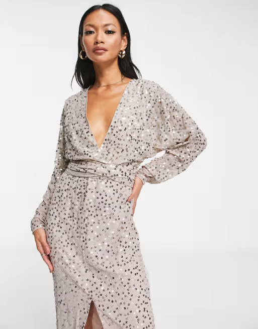 ASOS DESIGN midi dress with batwing sleeve and wrap waist in scatter sequin | ASOS US