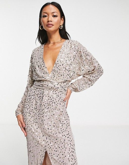 ASOS DESIGN midi dress with batwing sleeve and wrap waist in scatter sequin | ASOS US