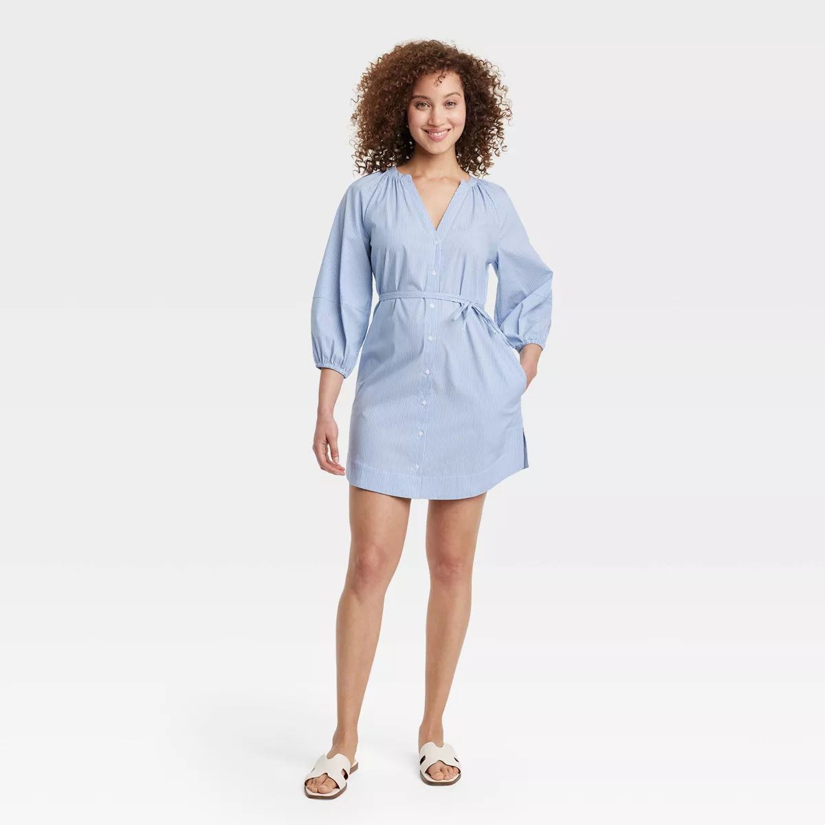 Women's Balloon 3/4 Sleeve Mini Shirtdress - A New Day™ Blue/White Pinstripe S | Target